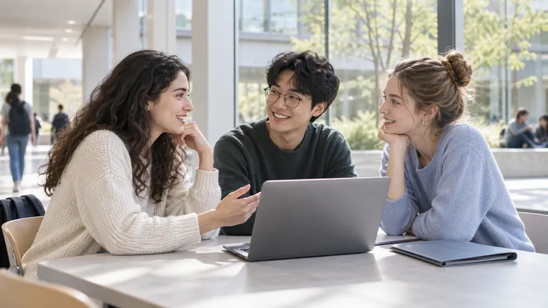 Students discussing an educational exchange on campus — illustration