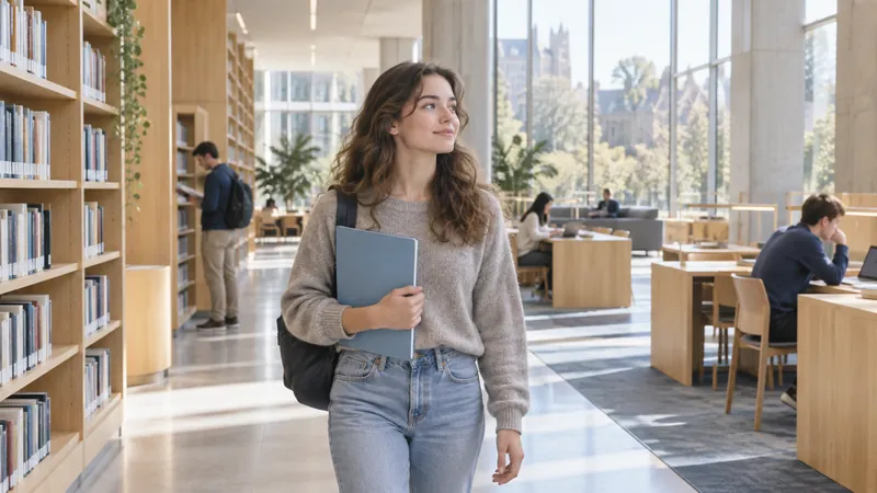 Student with an application folder in a university library — illustration